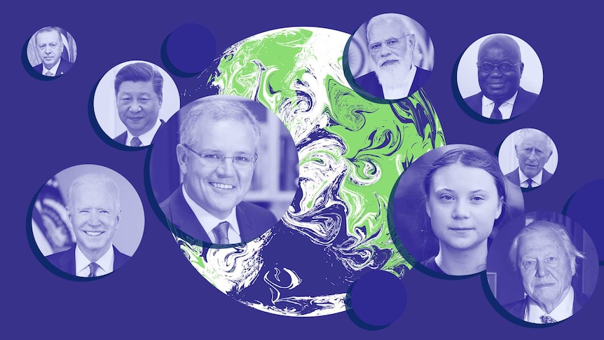 The COP earth symbol with world leaders - like Scott Morrison, Xi Jinping, Joe Biden, Narendra_Modi, and more - around it.