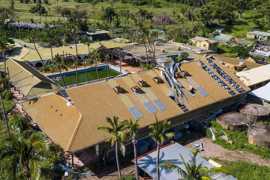 Aerial photo of cyclone-damaged buildings at South Molle Island resort off Airlie Beach in north Queensland in April 2018.