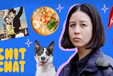 A collage image featuring a head and shoulders image of Nina Oyama in police costume, a dog and a bowl of soup.