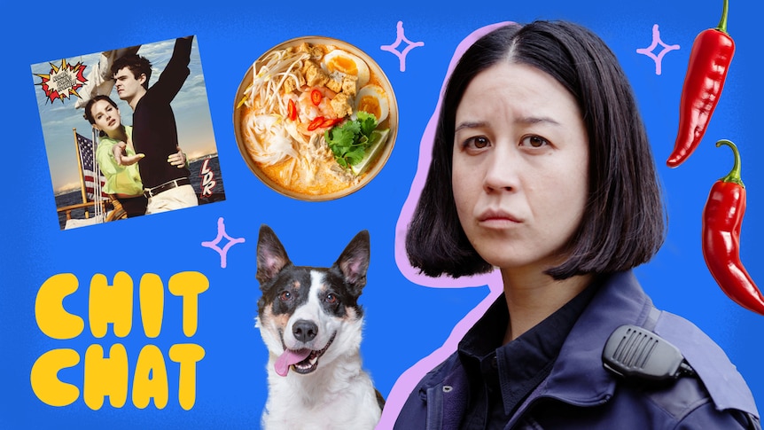 A collage image featuring a head and shoulders image of Nina Oyama in police costume, a dog and a bowl of soup.