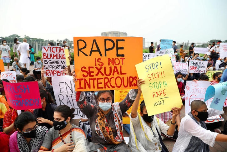 Women at an ongoing protest in Noakhali, Bangladesh, demanding justice for the alleged gang rape of a woman.