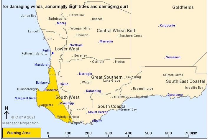 A colour map of Western Australia with a yellow patch superimposed highlighting the severe weather zone.