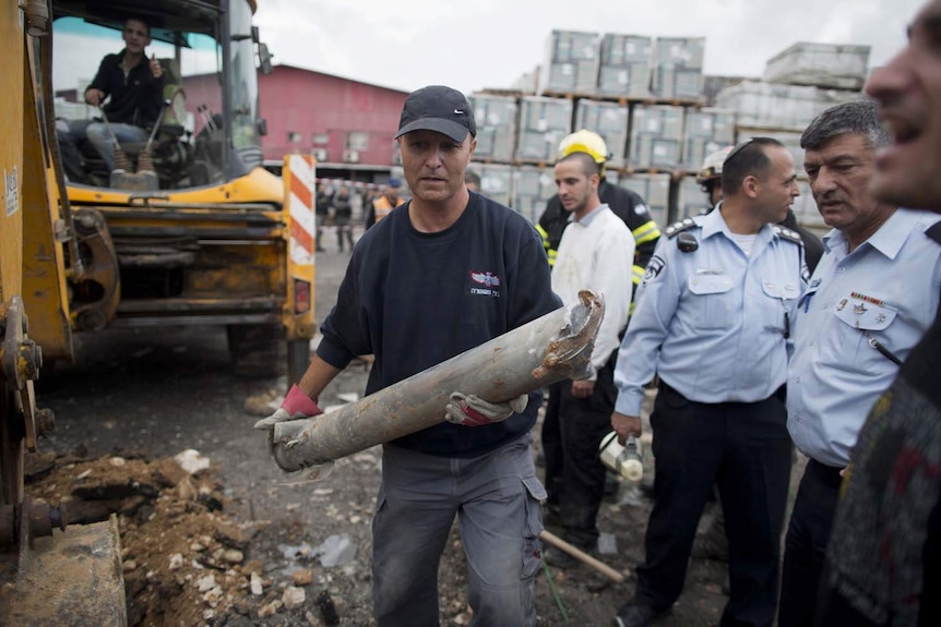 The remains of a rocket fired from the Gaza Strip into southern Israel