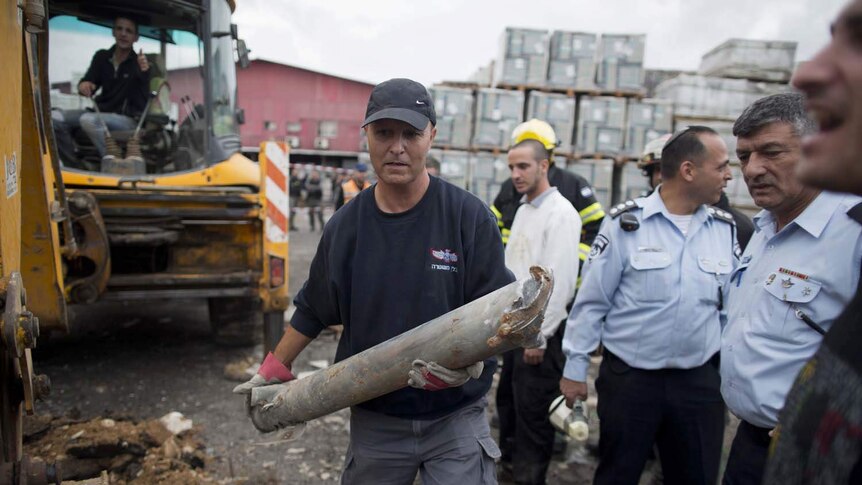 The remains of a rocket fired from the Gaza Strip into southern Israel