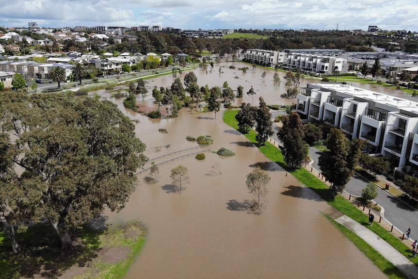 A view from up high of a flooded multi-storey residential building in Ascot Vale.