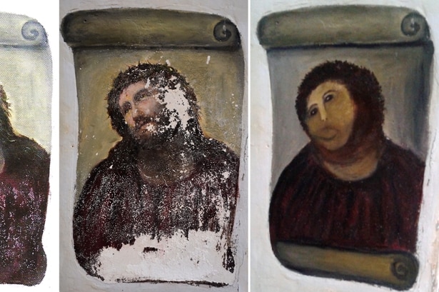 The deteriorated version of the painting Ecce Homo (L) and the restored version (R).
