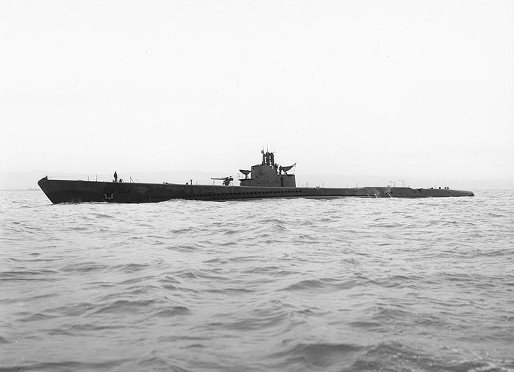 monochrome of submarine at sea on the surface.
