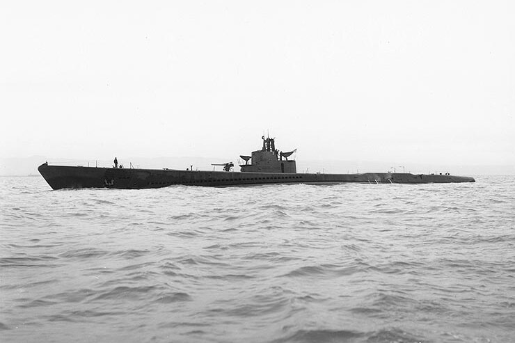 monochrome of submarine at sea on the surface.