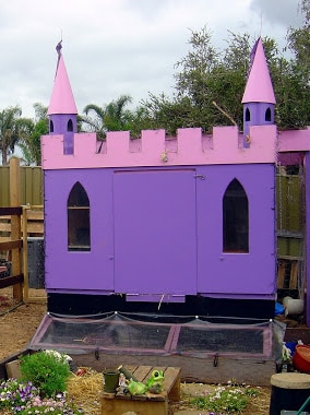A huge pink castle with purple turrets sits in the backyard.