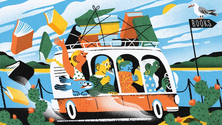 An illustration of four people and a dog in a combi van, water in the background, books on the top of the van and flying out