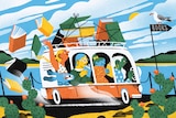An illustration of four people and a dog in a combi van, water in the background, books on the top of the van and flying out