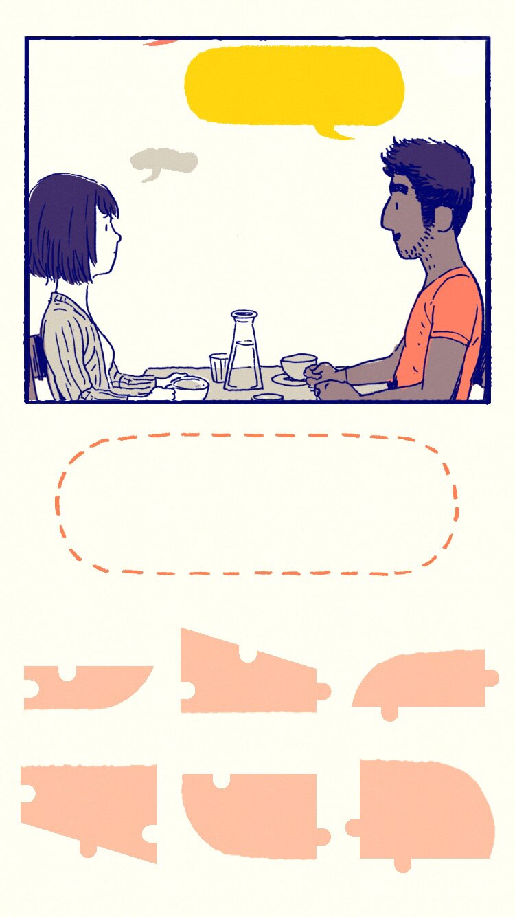 Colour screenshot of two characters chatting over a table and a puzzle. An in game scene from mobile game Florence.