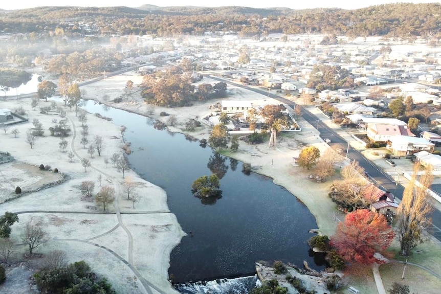 a frosty creek taken from a drone