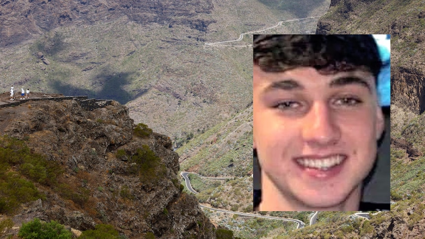 A wide mountainous area with an inset of a smiling young man 