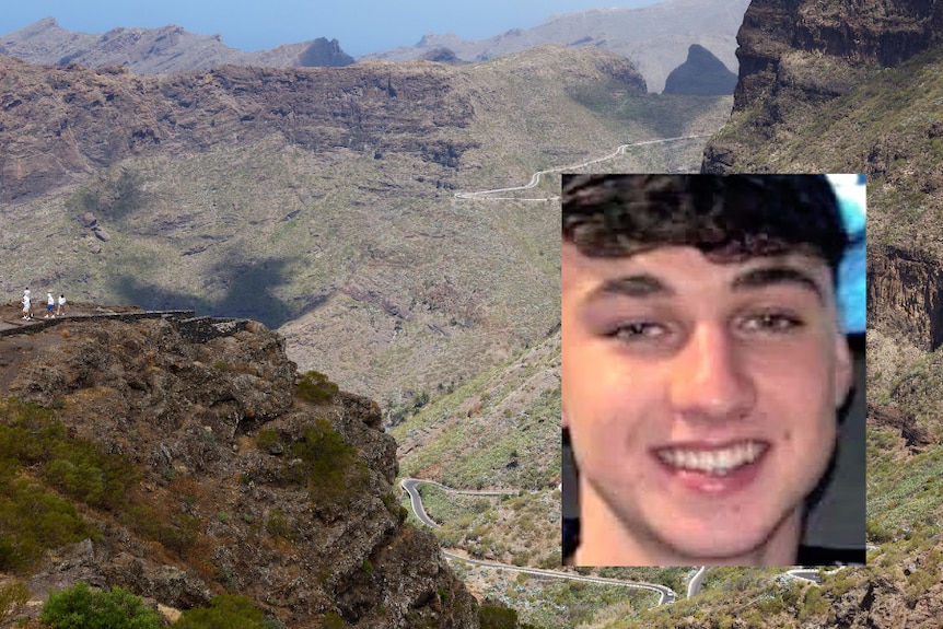 A wide mountainous area with an inset of a smiling young man 