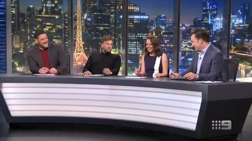 Brendan Fevola, Dylan Alcott, Neroli Meadows and Anthony Lehmann on set at The Footy Show