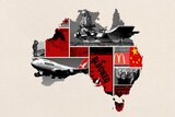 Map of Australia, overlayed with images showcasing the key events in the China-Australia relationship in 2018