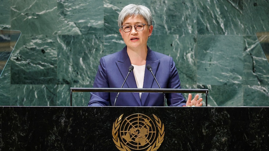Penny Wong stands at a podium which has a gold UN logo, featuring the countries of the globe, on it.