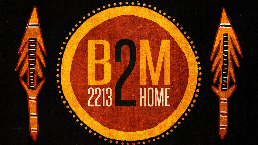 Album cover for the band B2M. The title home is in yellow font in a red circle surrounded by Tiwi designs.