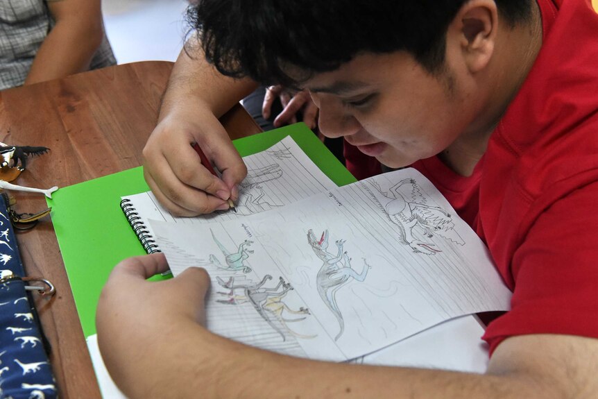 See Toh Sheng Jie looking at his dinosaur drawings