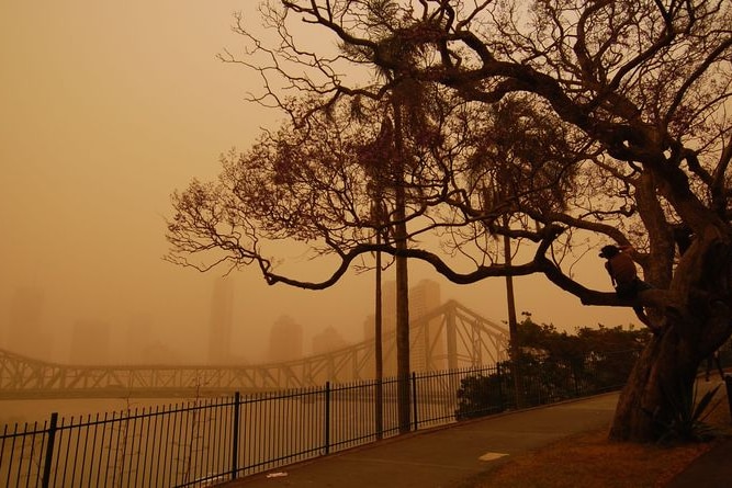 The Brisbane skyline and the Story Bridge are swathed in dust during a massive dust storm
