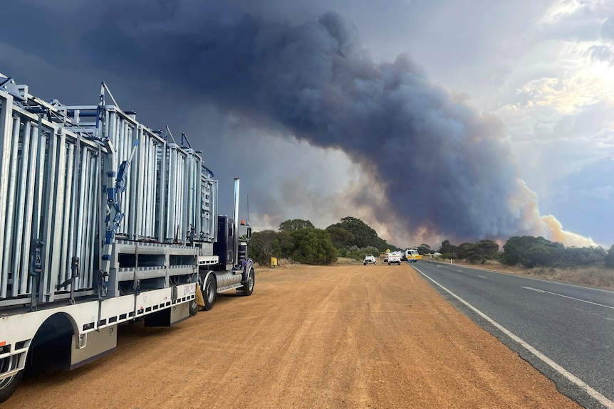 A truck parked on side of road near a bushfire. 