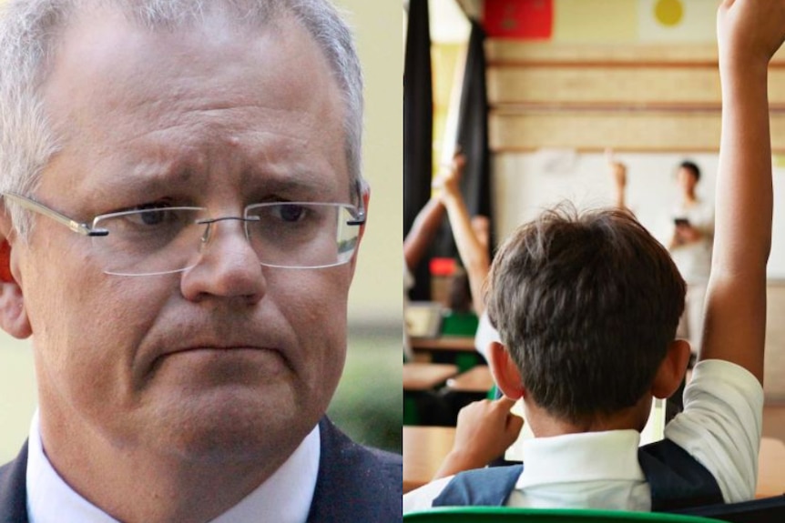 A composite image of Scott Morrison and a child in a classroom