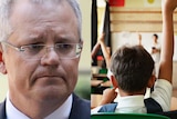 A composite image of Scott Morrison and a child in a classroom