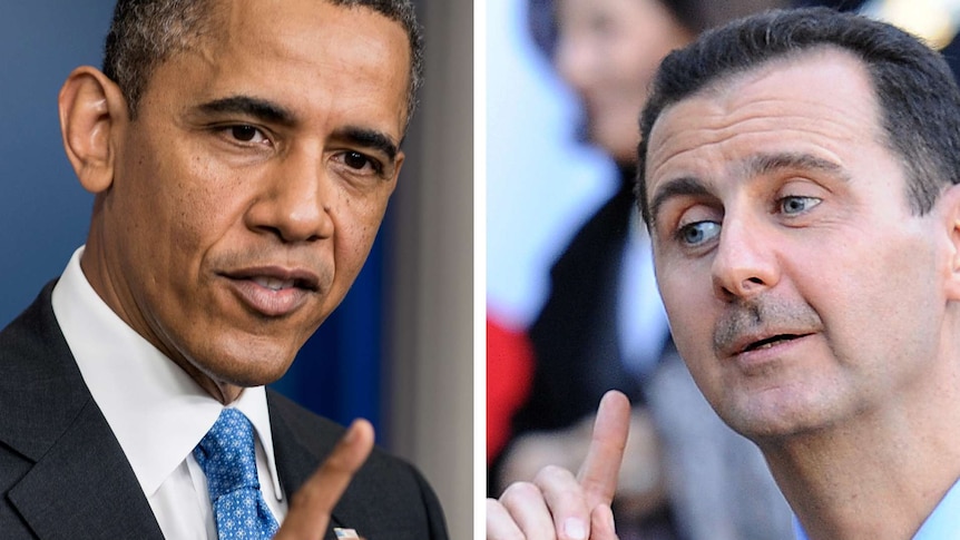 A combination of two photos featuring Barack Obama and Bashar al-Assad