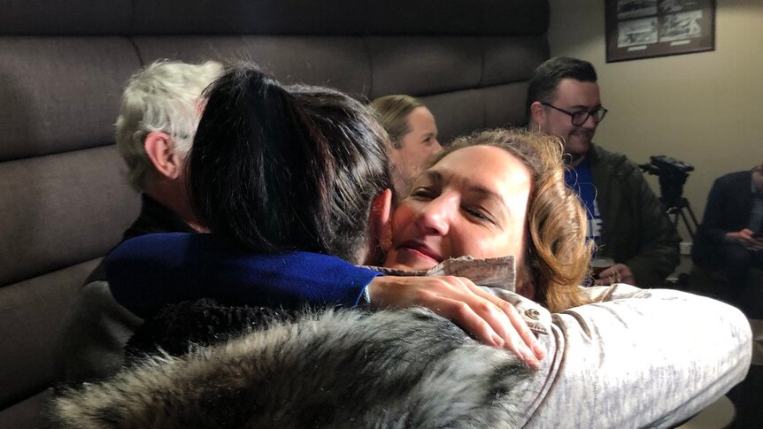 Georgina Downer hugged by a supporter on the night of the Mayo by-election.