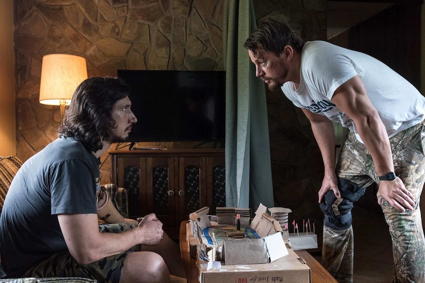 Still image of Adam Driver and Channing Tatum in the 2017 film Logan Lucky.