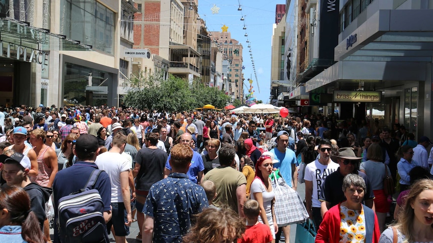 A crowd of people shopping in Adelaide's Rundle Mall on Boxing Day, December 26, 2015.