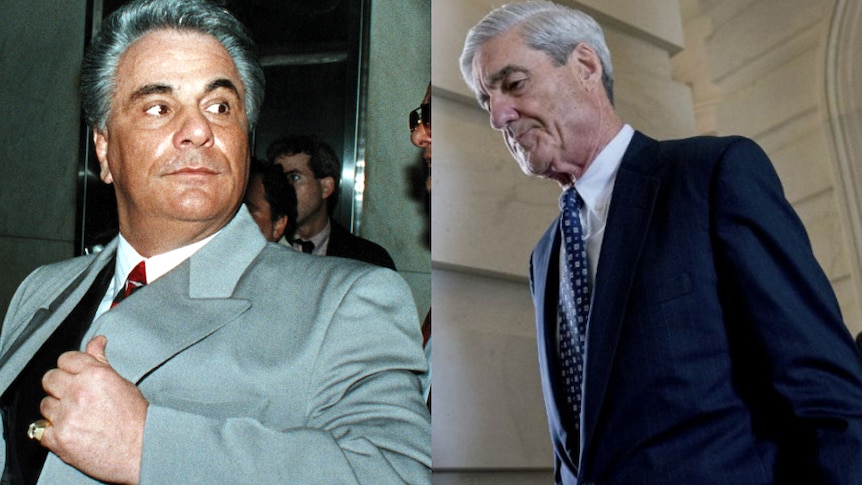 A composite image of mobster John Gotti (L) and former Assistant Attorney General Robert Mueller (R).