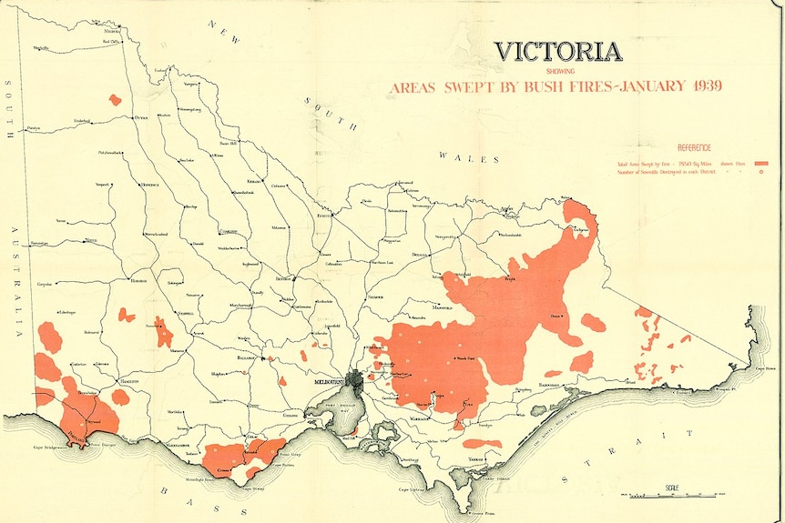 A map showing the parts of Victoria that burned in the Black Friday bushfires of 1939.