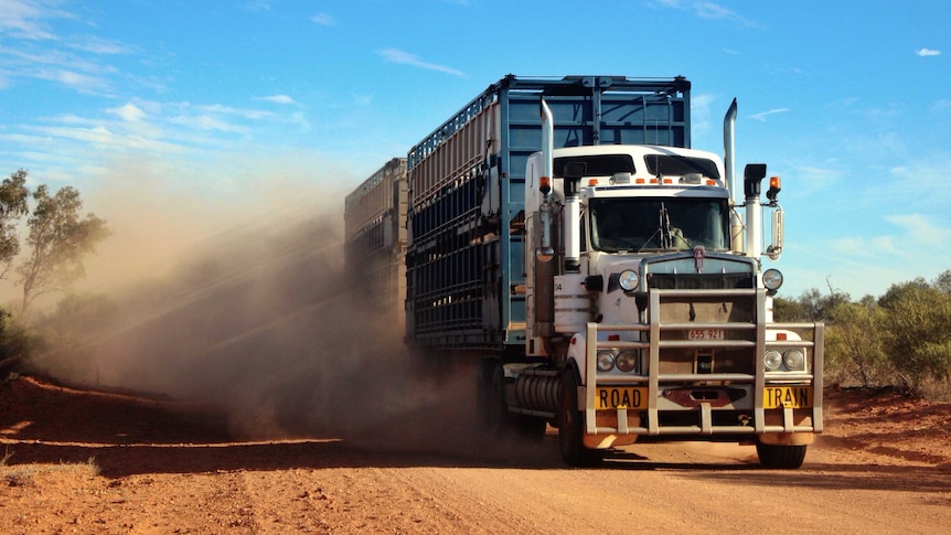 A road train speeds through the dusty outback.