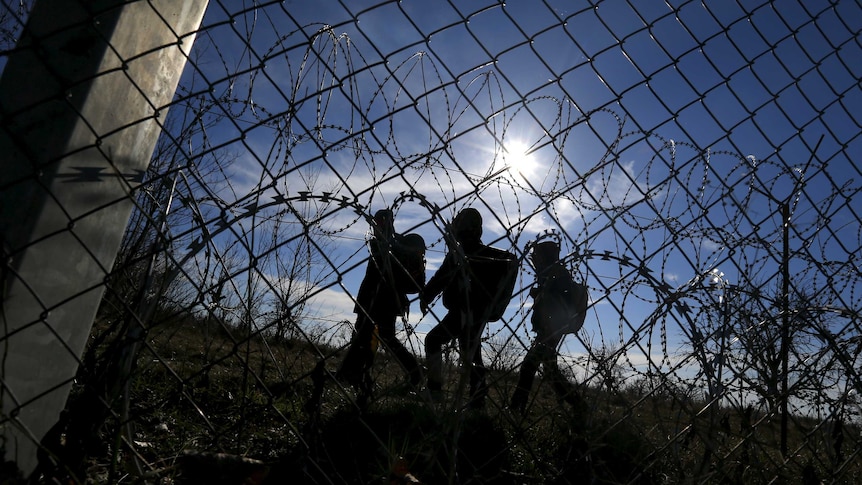 Asylum seekers walk along Hungary's border fence.