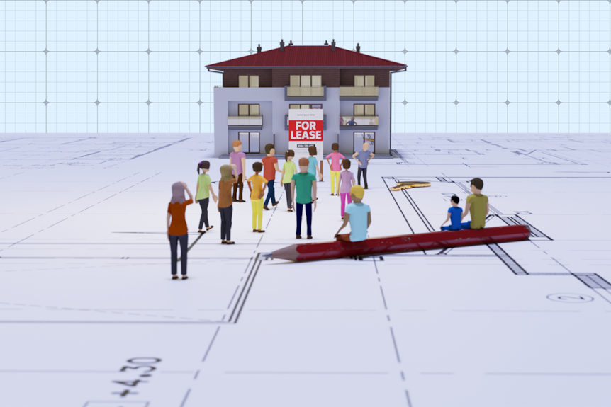 A graphic showing a crowd of people outside a cartoon house with a for lease sign.
