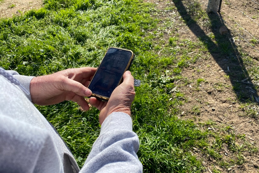 A white aged hand holds a black smart phone. He wears a grey jumper. It overlooks grassy and dirt and a fencepost 
