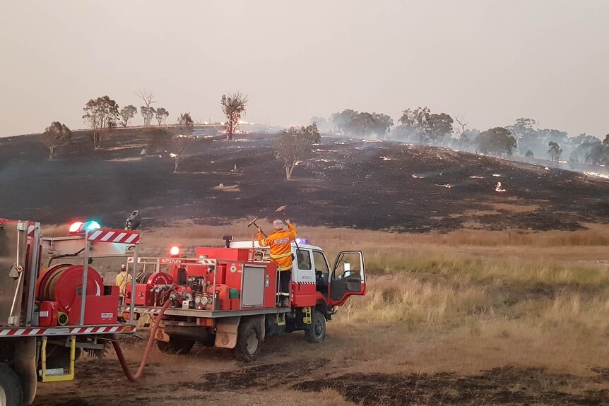 Fire trucks in a grassy brigade with burnt out blackened grass in the distance