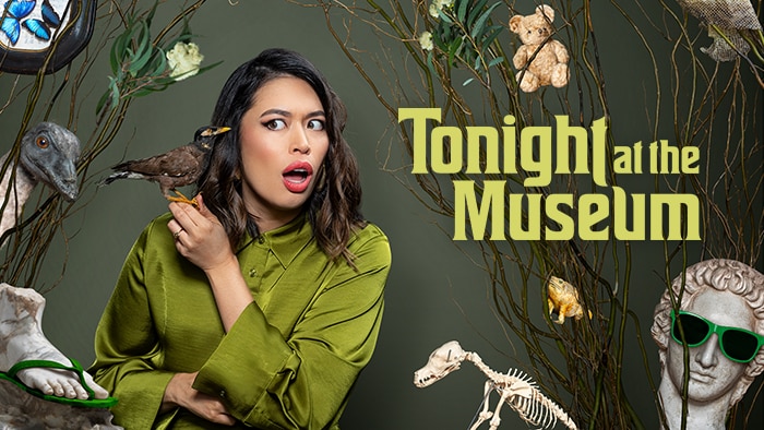 Show artwork for Tonight At The Museum: Alex Lee holding a bird on her shoulder, surrounded by museum artifacts and sculptures