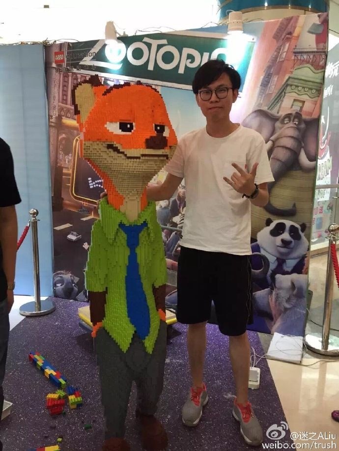 Zhao and his Lego sculpture of Nick from Zootopia