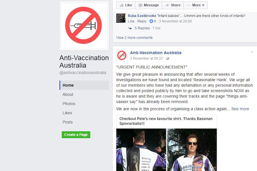 Screenshot of Anti-Vaccination Australia's Facebook page