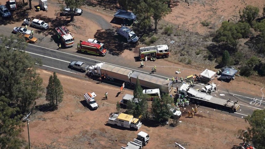 An aerial view of a fatal car and truck accident.