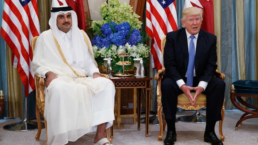 Donald Trump sits next to Qatar's emir.