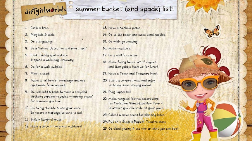 dirtgirl wearing sunglasses and a hat with some text listing some of the activities in the summer bucket (and spade) list