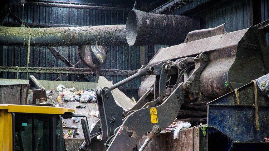 Bags of rubbish bounce along a conveyor belt.