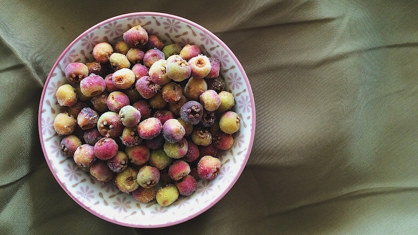 An aerial view of round, multi-coloured (pink, green and yellow) berries in a bowl.