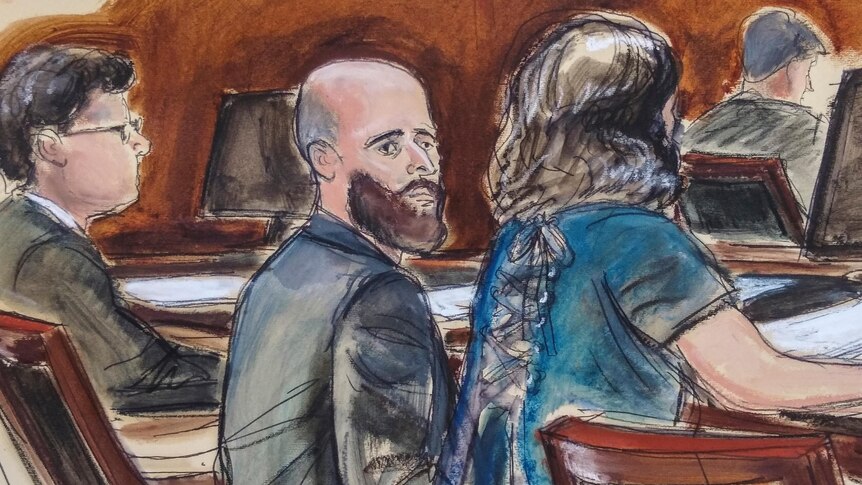 A court sketch shows a bald man with a large beard.