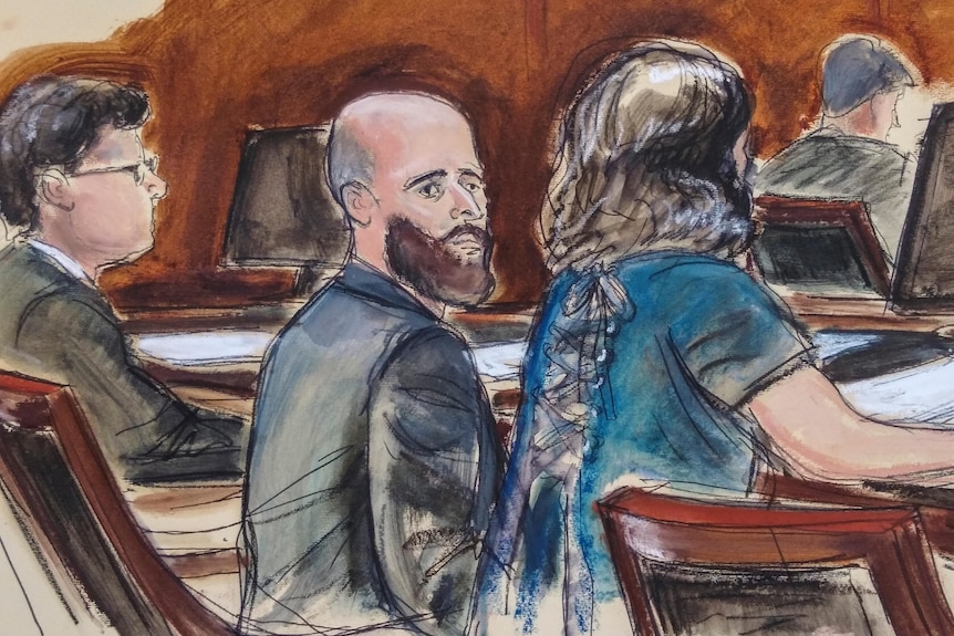 A court sketch shows a bald man with a large beard.