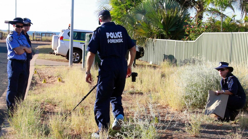 Forensic police photograph in Lacey St, near the crime scene in Bayman St, Port Hedland